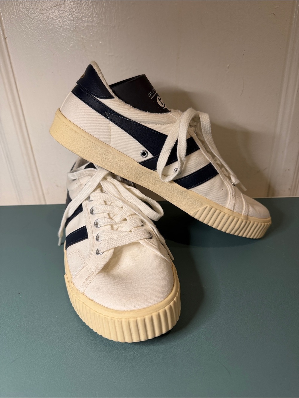 Gola Tennis Mark Cox Women’s CLA280 White Canvas Sneakers with Navy Stripes